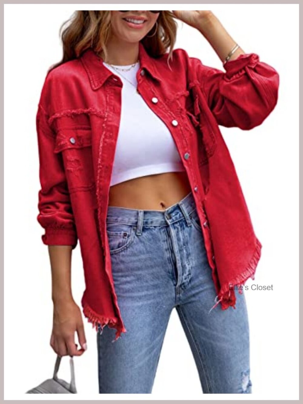 Oversized Ripped Denim Jacket Frayed Hem Button Front Boyfriend Jean Shacket